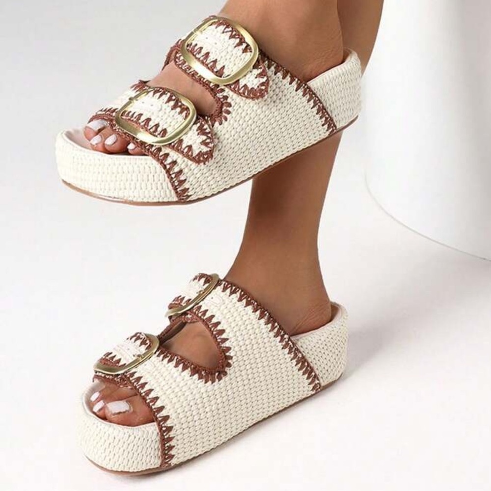 Woven Cream Slide Sandals with Gold Buckles